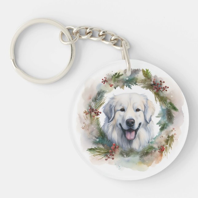 Great Pyrenees Christmas Wreath Festive Pup  Key Ring (Front)
