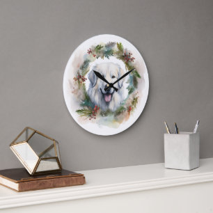 Great Pyrenees Christmas Wreath Festive Pup  Large Clock