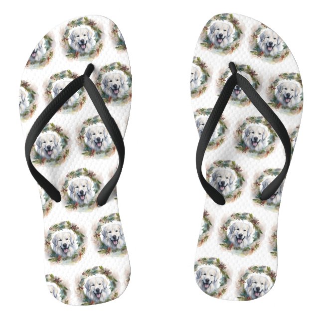 Great Pyrenees Christmas Wreath Festive Pup  Thongs (Footbed)