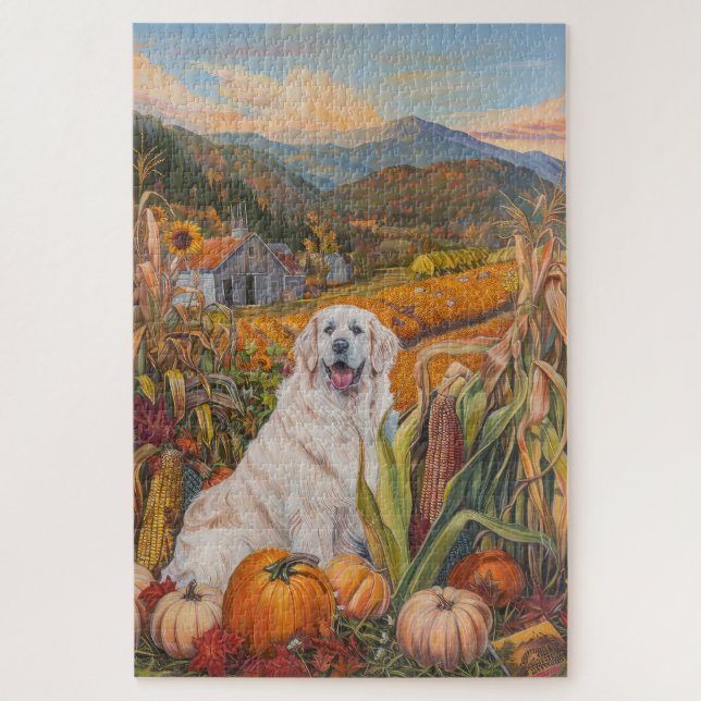 Great Pyrenees Dog Autumn Harvest Thanksgiving Jigsaw Puzzle (Vertical)