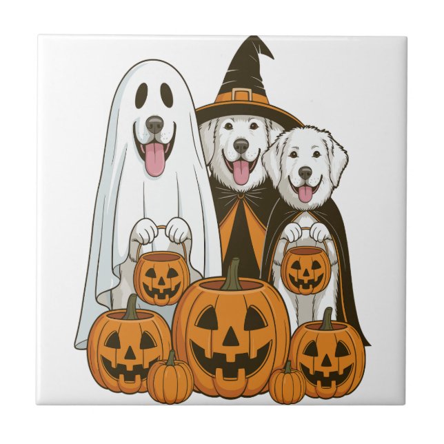 Great Pyrenees Dog Ghost Witch Halloween Matching  Ceramic Tile (Front)