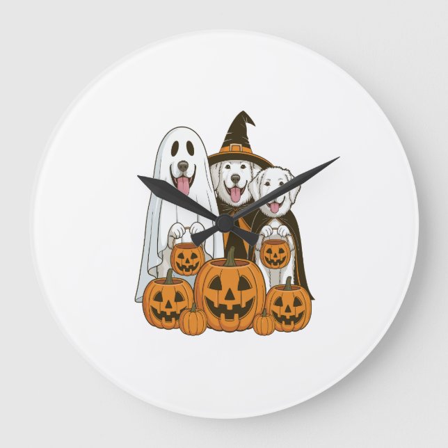 Great Pyrenees Dog Ghost Witch Halloween Matching  Large Clock (Front)