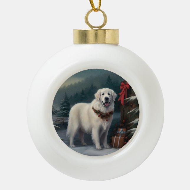 Great Pyrenees Dog in Snow Christmas Ceramic Ball Christmas Ornament (Front)