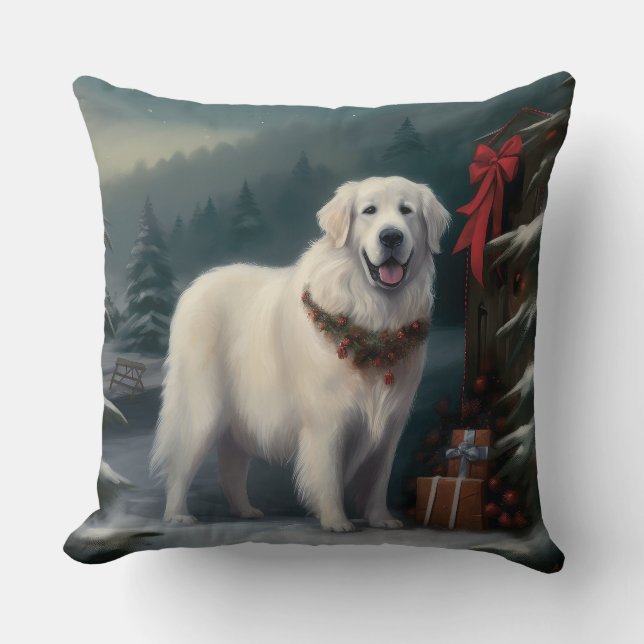 Great Pyrenees Dog in Snow Christmas Cushion (Front)