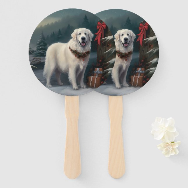 Great Pyrenees Dog in Snow Christmas Hand Fan (Front and Back)