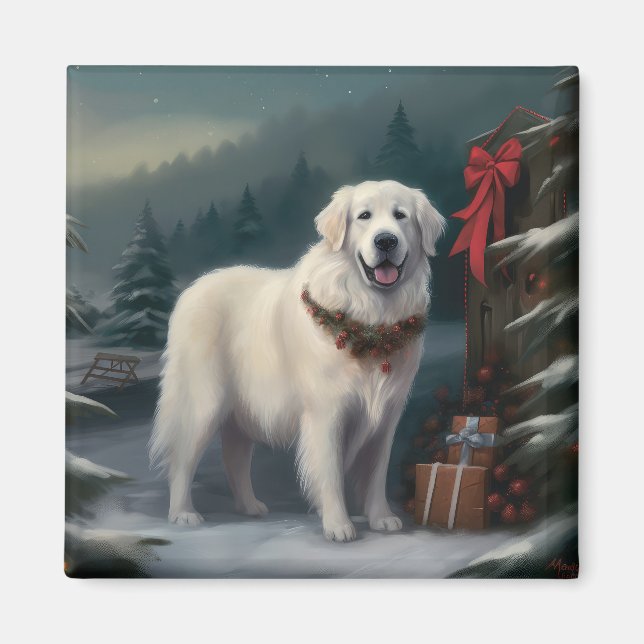 Great Pyrenees Dog in Snow Christmas Magnet (Front)