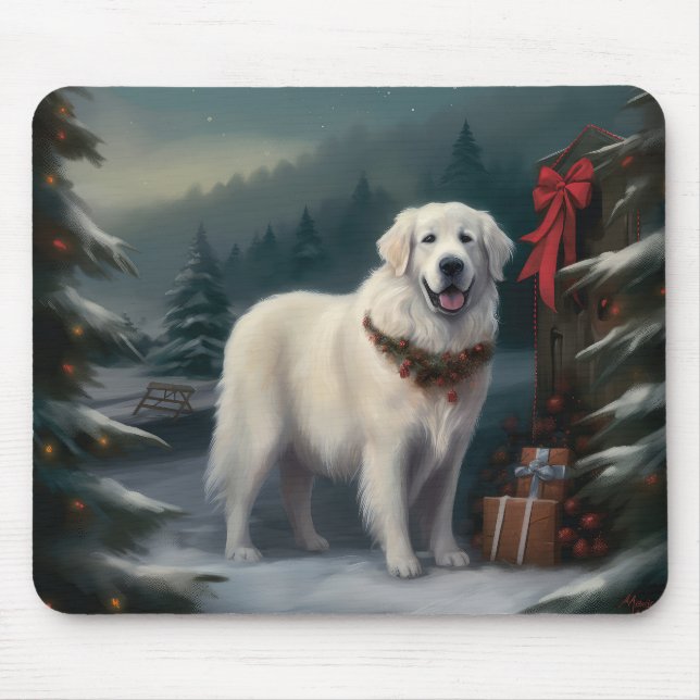 Great Pyrenees Dog in Snow Christmas Mouse Pad (Front)