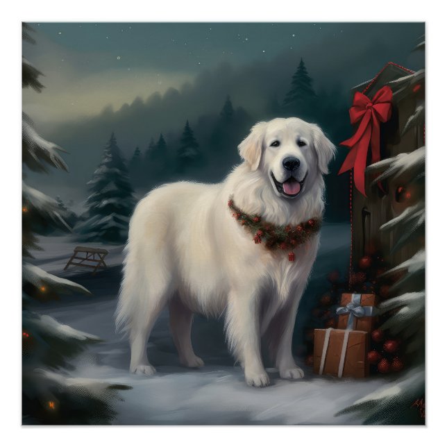 Great Pyrenees Dog in Snow Christmas Poster (Front)
