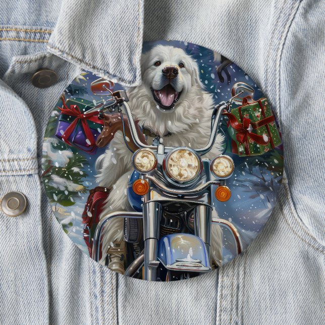 Great Pyrenees Dog Riding Motorcycle Christmas 6 Cm Round Badge (In Situ)