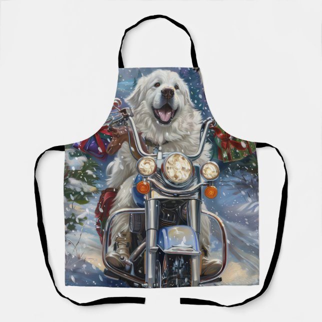 Great Pyrenees Dog Riding Motorcycle Christmas Apron (Front)