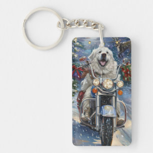 Great Pyrenees Dog Riding Motorcycle Christmas Key Ring