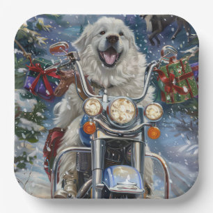 Great Pyrenees Dog Riding Motorcycle Christmas Paper Plate