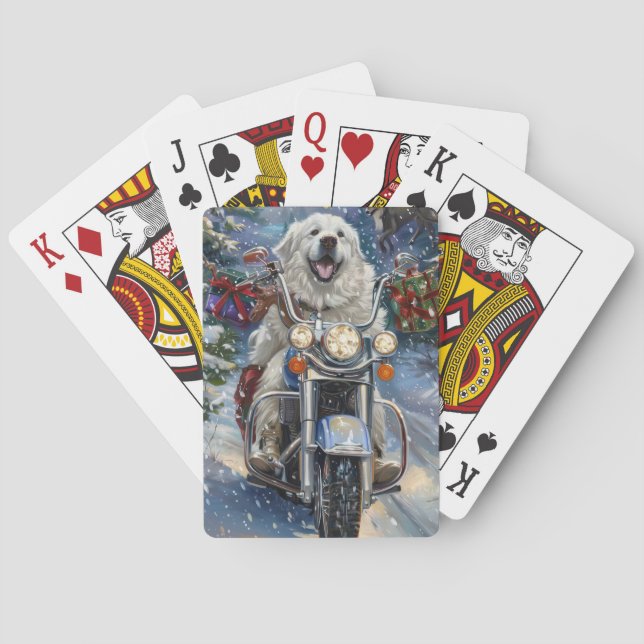 Great Pyrenees Dog Riding Motorcycle Christmas Playing Cards (Back)