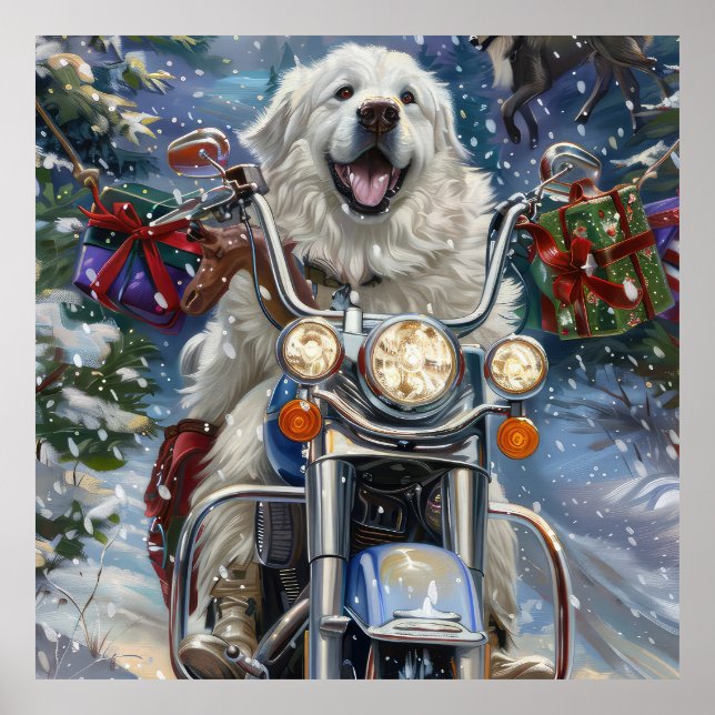 Great Pyrenees Dog Riding Motorcycle Christmas Poster (Front)
