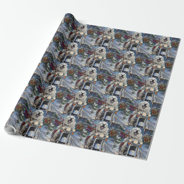 Great Pyrenees Dog Riding Motorcycle Christmas Wrapping Paper (Unrolled)