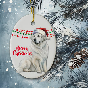 Great Pyrenees Dog Santa Hat Holiday Beads Ceramic Ornament