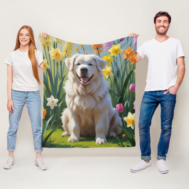 Great Pyrenees Dog Spring Flowers Painting Fleece Blanket (In Situ)