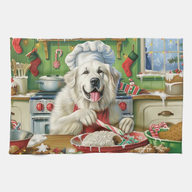 Great Pyrenees Holiday Baking: Festive Christmas Tea Towel (Horizontal)