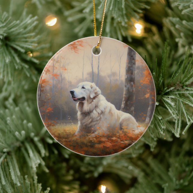 Great Pyrenees in Autumn Leaves Fall Inspire  Ceramic Ornament (Tree)
