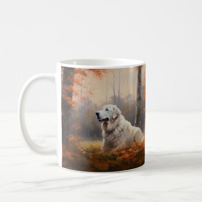 Great Pyrenees in Autumn Leaves Fall Inspire  Coffee Mug (Left)