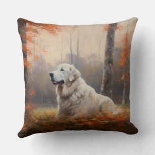 Great Pyrenees in Autumn Leaves Fall Inspire  Cushion