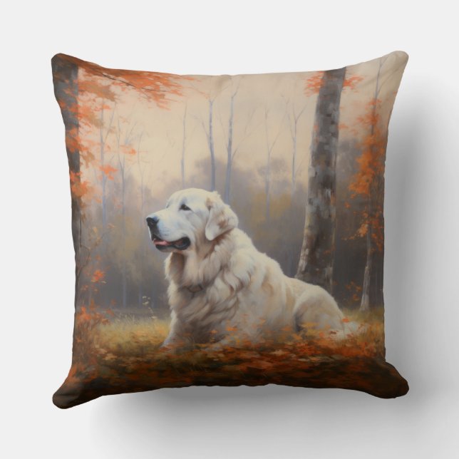 Great Pyrenees in Autumn Leaves Fall Inspire  Cushion (Back)