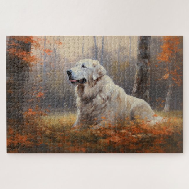 Great Pyrenees in Autumn Leaves Fall Inspire  Jigsaw Puzzle (Horizontal)