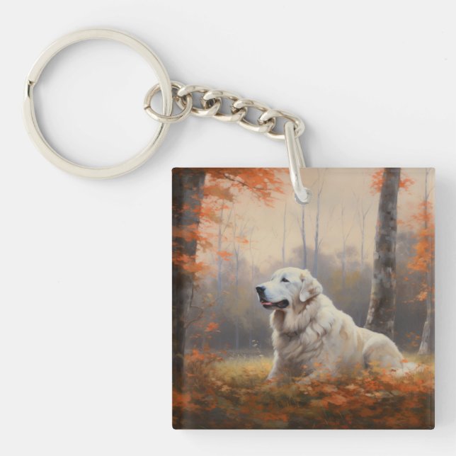Great Pyrenees in Autumn Leaves Fall Inspire  Key Ring (Front)