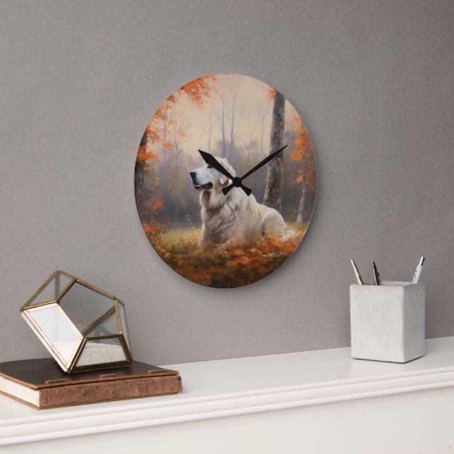 Great Pyrenees in Autumn Leaves Fall Inspire  Large Clock (Office)