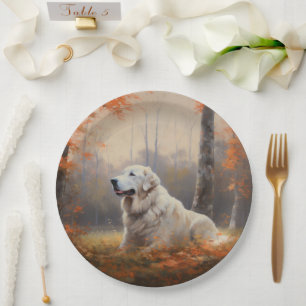 Great Pyrenees in Autumn Leaves Fall Inspire  Paper Plate