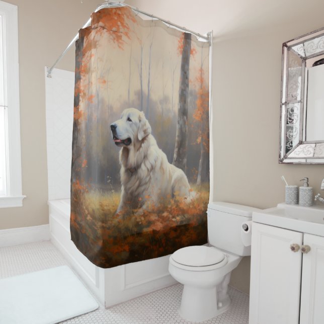 Great Pyrenees in Autumn Leaves Fall Inspire  Shower Curtain (In Situ)