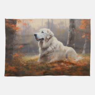 Great Pyrenees in Autumn Leaves Fall Inspire  Tea Towel