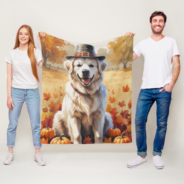 Great Pyrenees In Autumn Leaves Thanksgiving Art Fleece Blanket (In Situ)