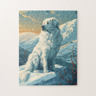 Great pyrenees in the snowy forest during sunset jigsaw puzzle