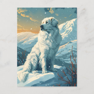 Great pyrenees in the snowy forest during sunset postcard