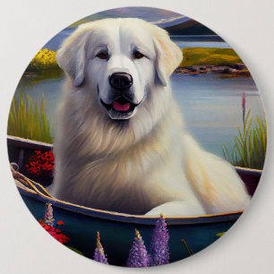 Great Pyrenees on a Paddle: A Scenic Adventure 6 Cm Round Badge