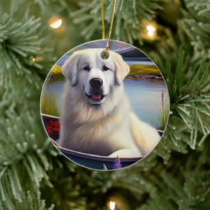 Great Pyrenees on a Paddle: A Scenic Adventure Ceramic Ornament
