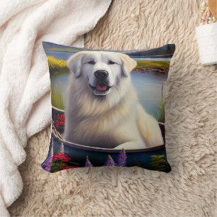 Great Pyrenees on a Paddle: A Scenic Adventure Cushion