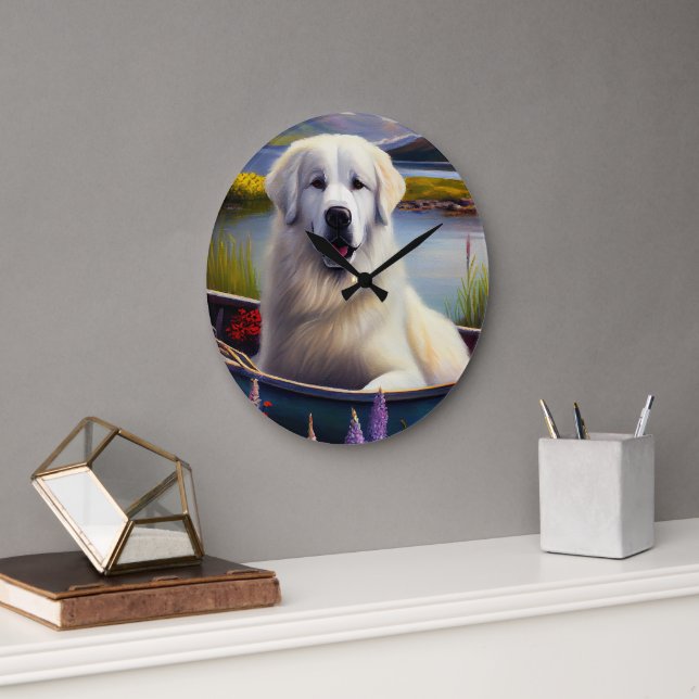 Great Pyrenees on a Paddle: A Scenic Adventure Large Clock (Office)