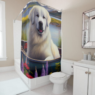 Great Pyrenees on a Paddle: A Scenic Adventure Shower Curtain
