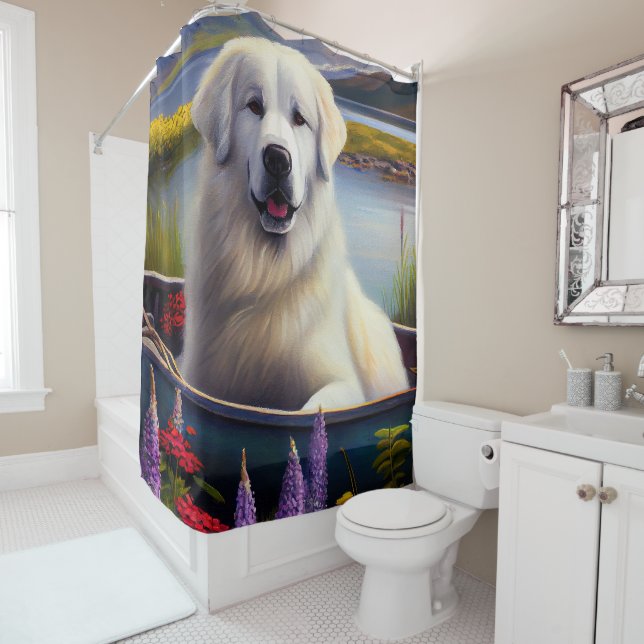 Great Pyrenees on a Paddle: A Scenic Adventure Shower Curtain (In Situ)