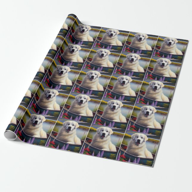 Great Pyrenees on a Paddle: A Scenic Adventure Wrapping Paper (Unrolled)
