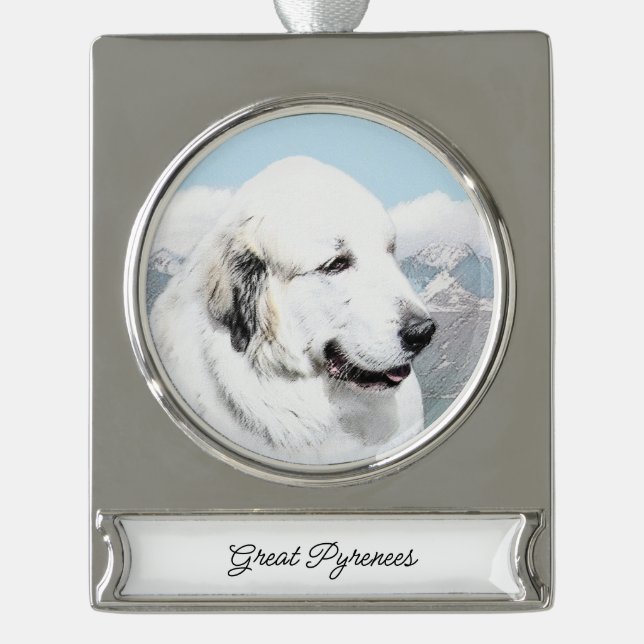 Great Pyrenees Painting - Original Dog Art Silver Plated Banner Ornament (Front)