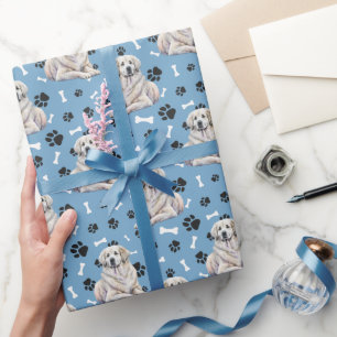 Great Pyrenees Paw Print Pattern on Blue Wrapping Paper