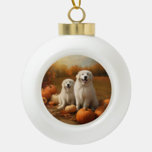 Great Pyrenees Puppy Autumn Delight Pumpkin  Ceramic Ball Christmas Ornament