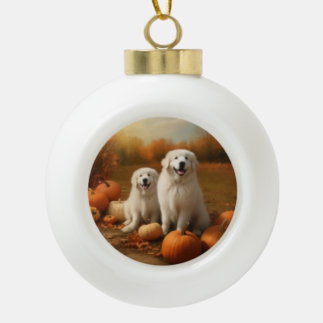 Great Pyrenees Puppy Autumn Delight Pumpkin  Ceramic Ball Christmas Ornament (Front)