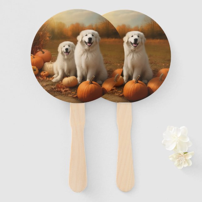 Great Pyrenees Puppy Autumn Delight Pumpkin  Hand Fan (Front and Back)