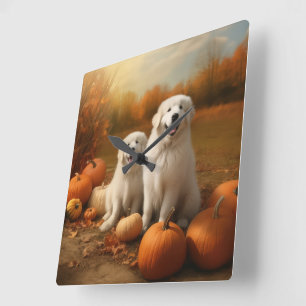 Great Pyrenees Puppy Autumn Delight Pumpkin  Square Wall Clock
