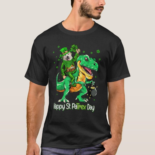 Great Pyrenees Riding Dinosaur Patricks Day Shamro T-Shirt (Front)