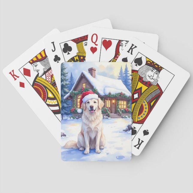 Great Pyrenees Snowy Mountain Lodge Santa Hat Playing Cards (Back)